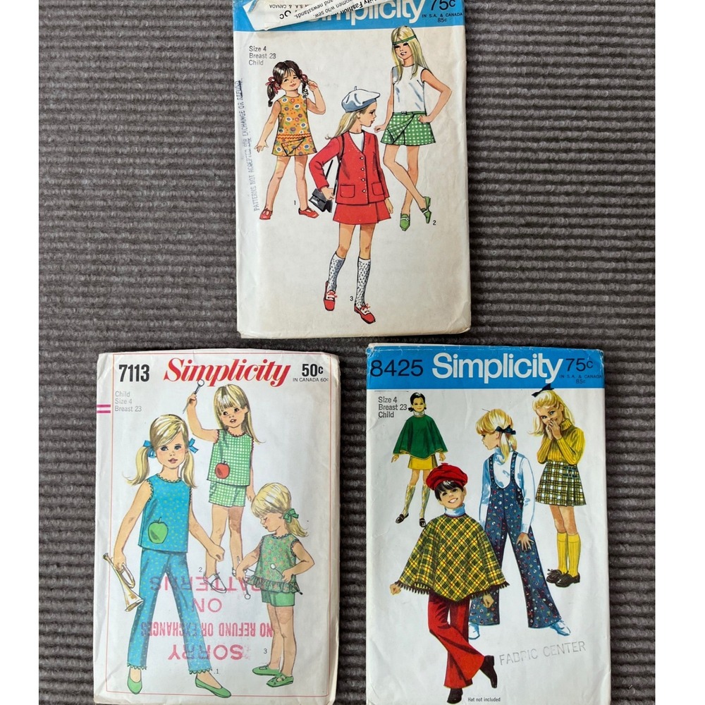 Vintage Simplicity Sewing Pattern Lot 7113 8425 8718 Child Size 4 Mod 70s Boho
